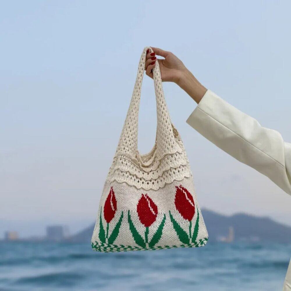 2/$30 NEW Tulip Crochet Farmers Market Tote Bag Cream Beige - Picture 3 of 13